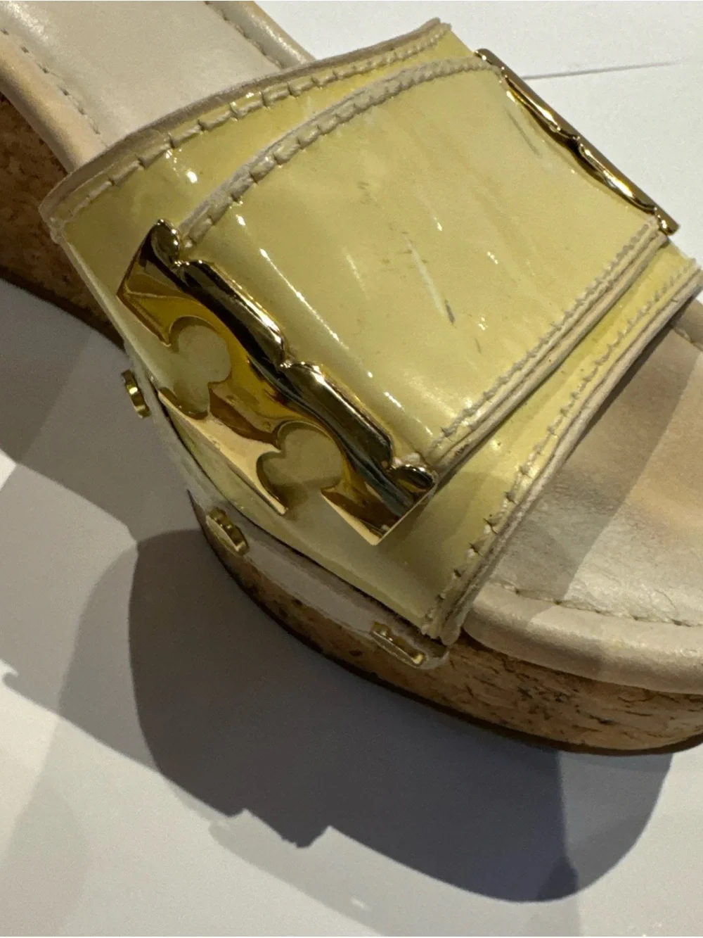 Tory Burch Yellow Patent Leather Logo Cork Wedge Sandals size 6.5  Metal Gold
